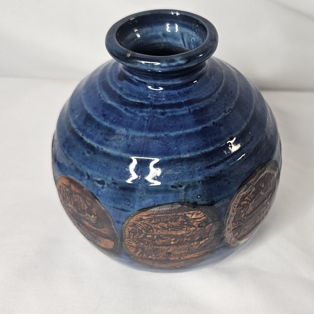 Otagiri OMC Japan Miniature Bud Vase Blue Brown Glazed Gold Sticker Vintage - Picture 2 of 9